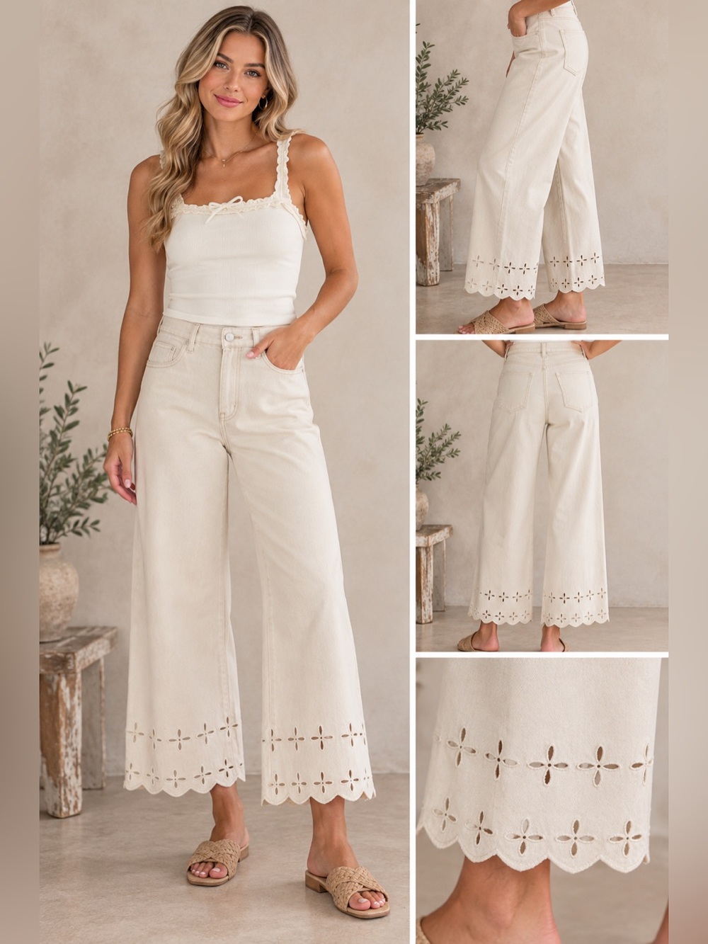 Rareraw beige eyelet embroidered floral scalloped trim chic barrel jean pants